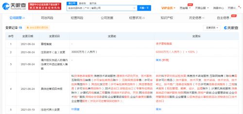 名創(chuàng)優(yōu)品科技公司注冊資本增至6億元，經(jīng)營范圍拓展至自然科學與信息系統(tǒng)服務